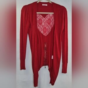 Son Yon Red Open Front Cardigan with Lace Heart Rhinestone Detail